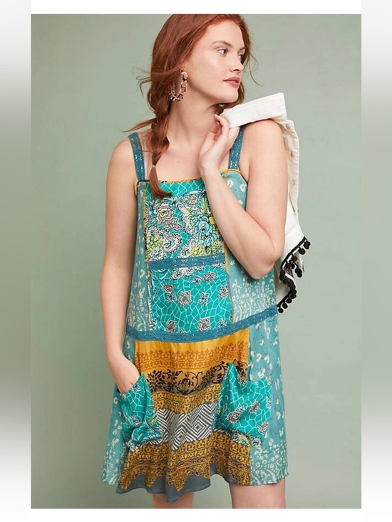 Tiny Dresses & Skirts - Tiny for Anthropologie Scarf Printed Tunic Dress Crochet Front Pockets Small